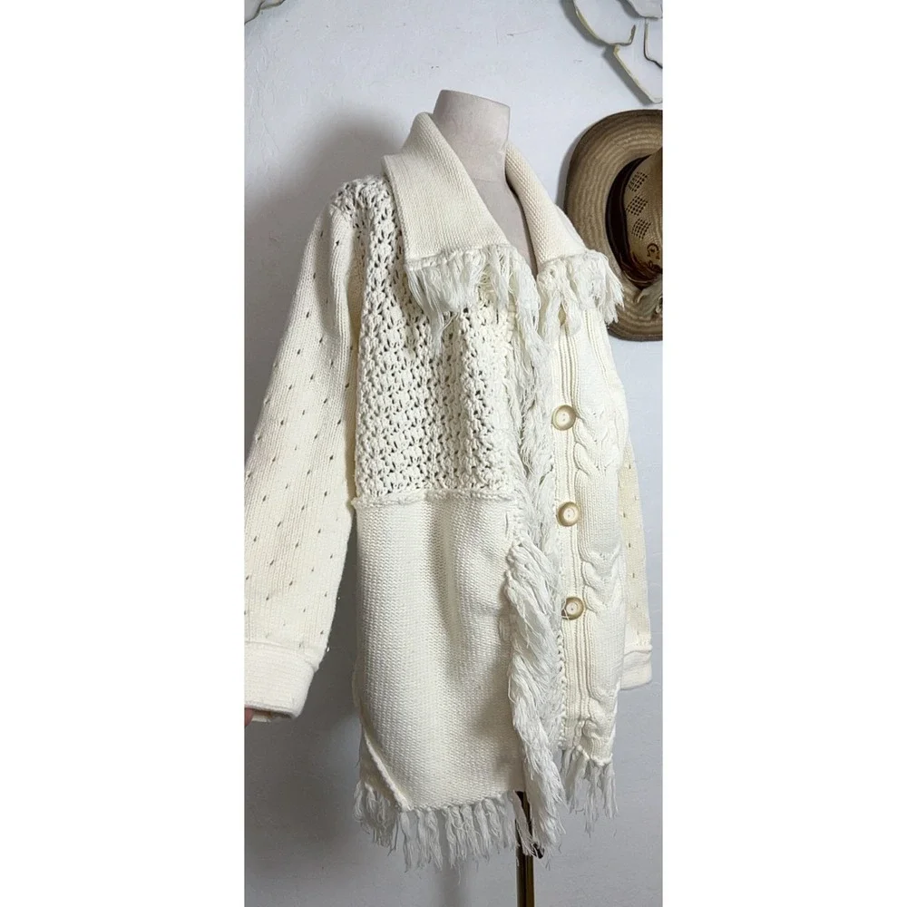 The Territory Ahead Fringe Cardigan Sweater Coat M Cream Boho Patchwork Cotton